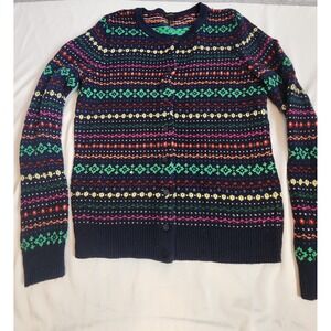 Talbots Women Navy Multi Fair Isle Sequin Cardigan Sweater Lambswool Blend Small